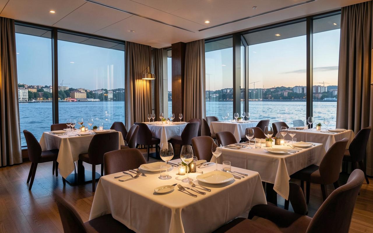 Salão do restaurante Dique Uno com vista para o dique